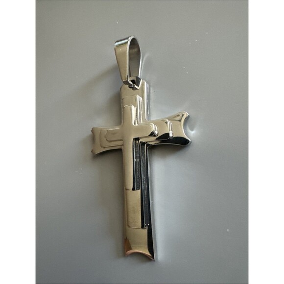 Stainless Steel Triple Cross Pendant 24”Chain Necklace Jesus Christ Faith Prayer - Picture 2 of 6